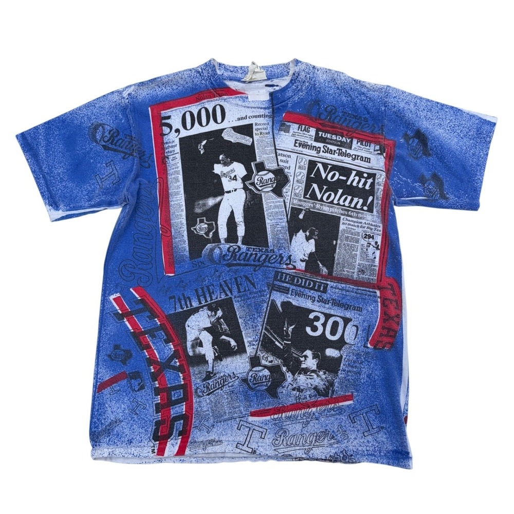 Vintage Nolan Ryan Texas Rangers Front‎ Pages All Over Print Shirt Blue Large